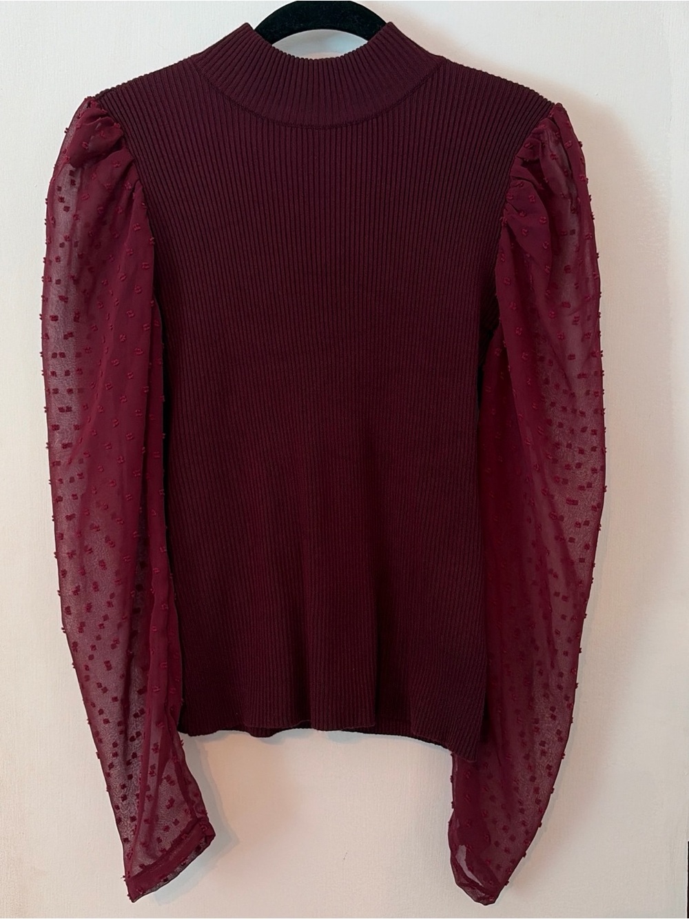 Cato Burgundy Ribbed Knit Top with Sheer Dotted Puff Sleeves